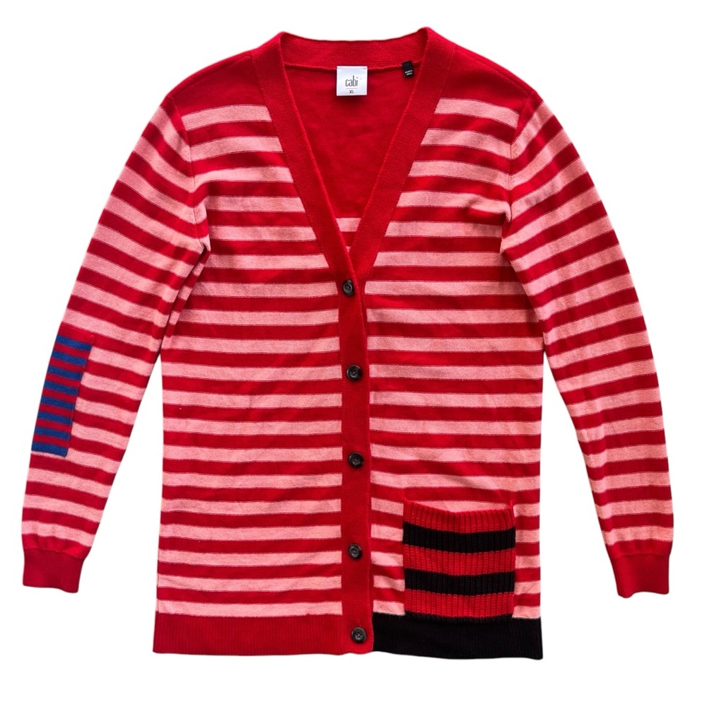 Cabi Women’s XS Red Pink Summer Stripe Picnic Button Knit Sweater Cardigan #5446